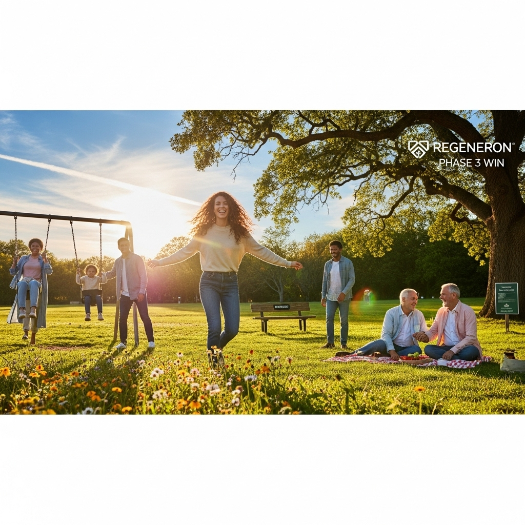 ph. 3 win: Regeneron's 2 Allergy Antibodies Succeed 4 A diverse group of happy people enjoying the outdoors, a result of the effective allergy relief from Regeneron's ph. 3 win.