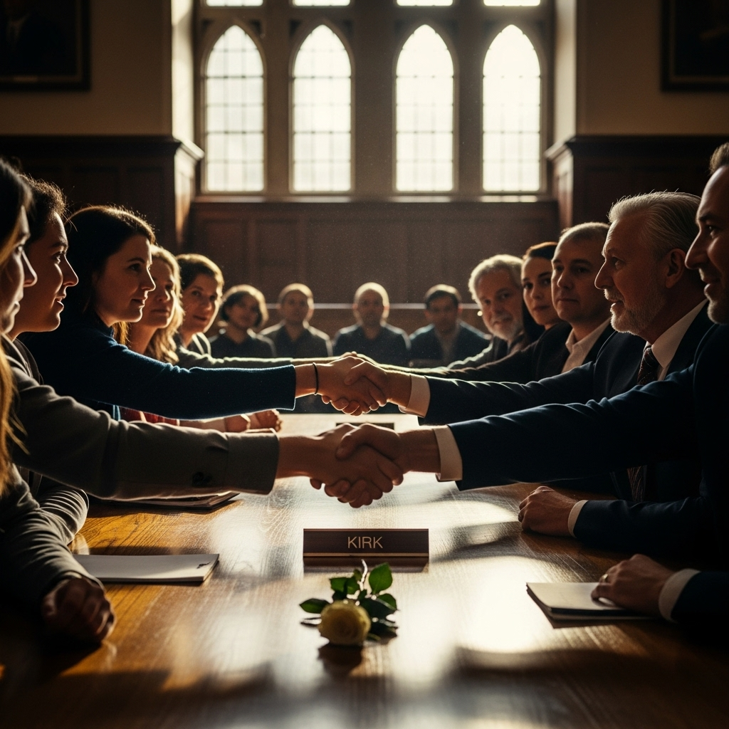 Kirk's Murder: 1 of Many Acts of Political Violence 4 A diverse group of people shaking hands at a town hall meeting, symbolizing unity and a path forward after Kirk's murder.