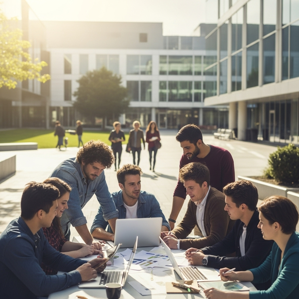 Two merge to form UK's 1st 'super-university' by 2026 4 A diverse group of students collaborates on a project on a modern campus, representing the future student body after the two merge.