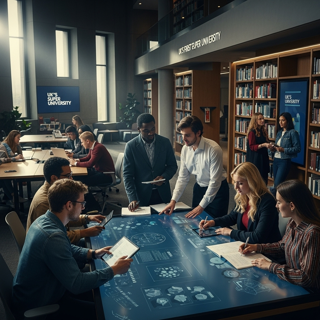 UK's First 'Super' University Created from 2026 Merger 4 A diverse group of students collaborating in a modern library, representing the future of the UK's first 'super' university.