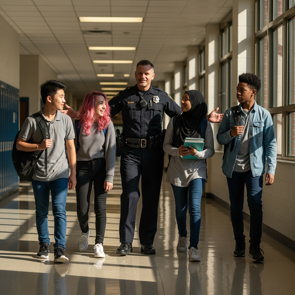 School Resource Officer Removed: 1 Officer's Shocking Posts 4 A diverse group of students walking together, with the school resource officer needing to protect all of them equally.