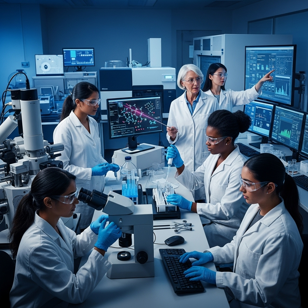 Fiercest Women in Life Sciences: Nominate for 2025 2 A diverse group of the fiercest women scientists collaborating in a modern laboratory setting.
