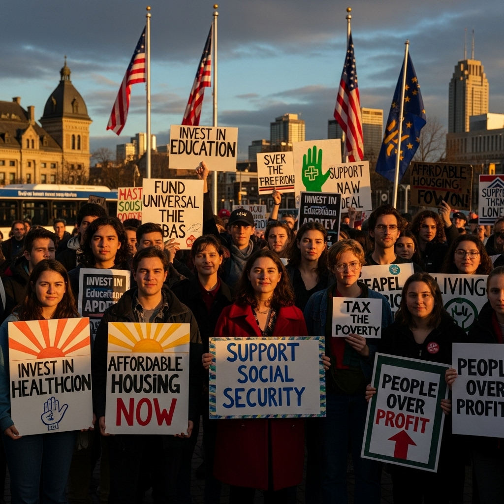 US support for capitalism at 59% hits new Gallup low 3 A diverse group of young people at a rally, with signs advocating for social programs, reflecting the shift in US support for economic models.