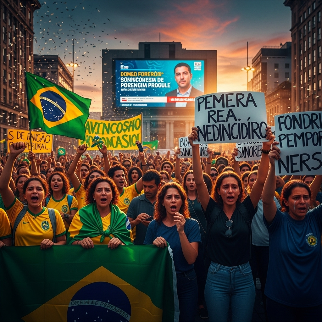 His Conviction: 1 Nation Divided by Bolsonaro's Trial 2 A divided crowd in Brazil reacting to the news of his conviction, with one side celebrating and the other protesting.