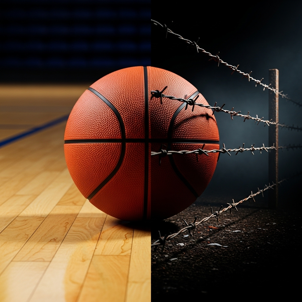 Obvious Sellout Move: 3 Reasons for LeBron's China Piece 4 A divided image with a basketball on one side and a barbed wire fence on the other, symbolizing the ethical compromise of the obvious sellout move.