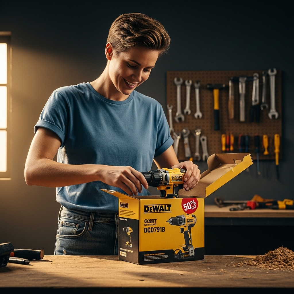 Up to 50% Off Top Tool Deals: DeWalt & Craftsman 4 A DIY enthusiast smiling while unboxing a new DeWalt drill, having saved up to 50% during the sale.