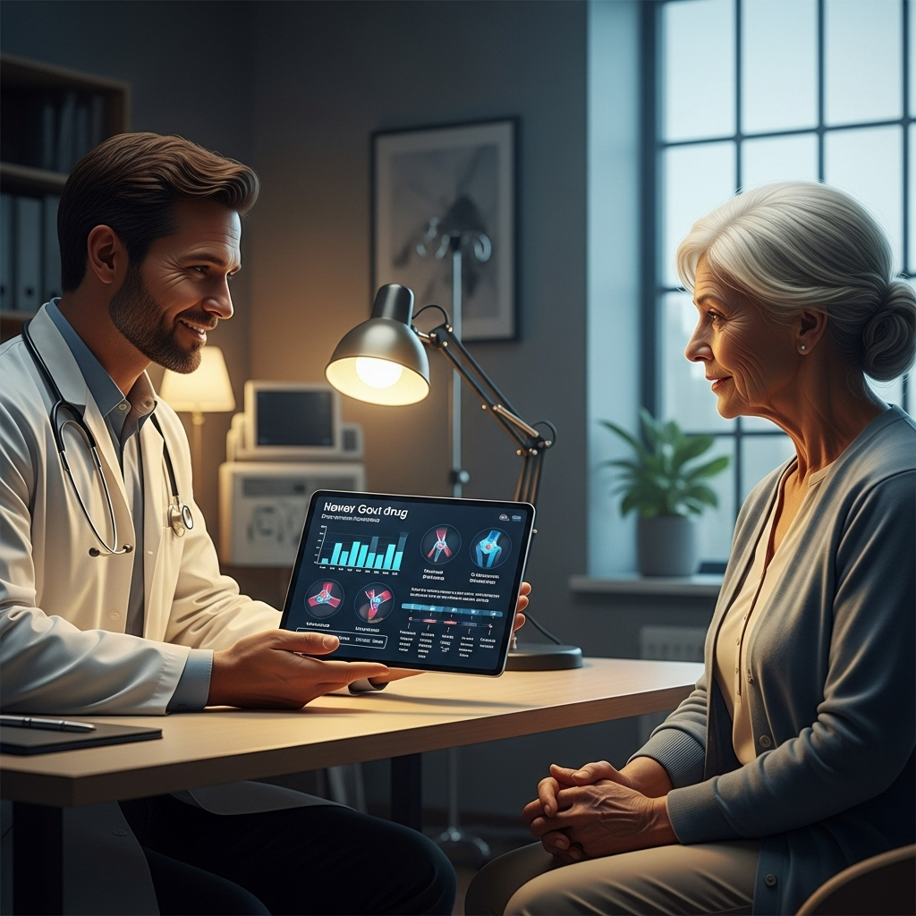 Gout Drug from Atom Shows Phase 3 Win Over Rivals 2 A doctor reviewing a chart illustrating the benefits of a new gout drug with a patient.