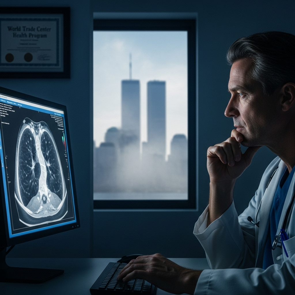 9/11 toxic dust exposure: Cancer Diagnosis 24 Years Later 3 A doctor reviewing a lung scan, symbolizing the long-term health monitoring for those with 9/11 toxic dust exposure.