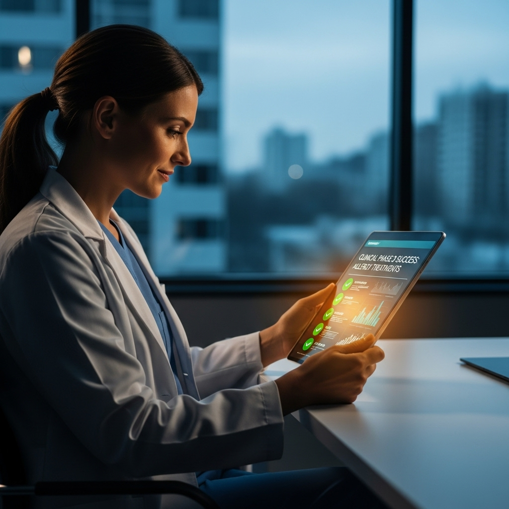 ph. 3 win: Regeneron's 2 Allergy Antibodies Succeed 3 A doctor reviewing successful patient charts on a tablet, signifying the clinical ph. 3 win for new allergy treatments.