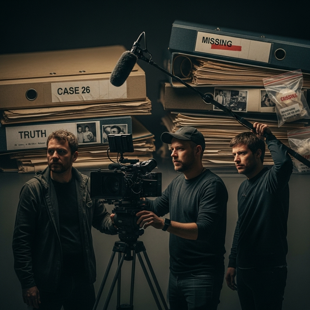 26 women: Serial killer's shocking claim in new doc 3 A documentary film crew setting up a shot, with blurred case files in the background related to the search for the truth about the 26 women.