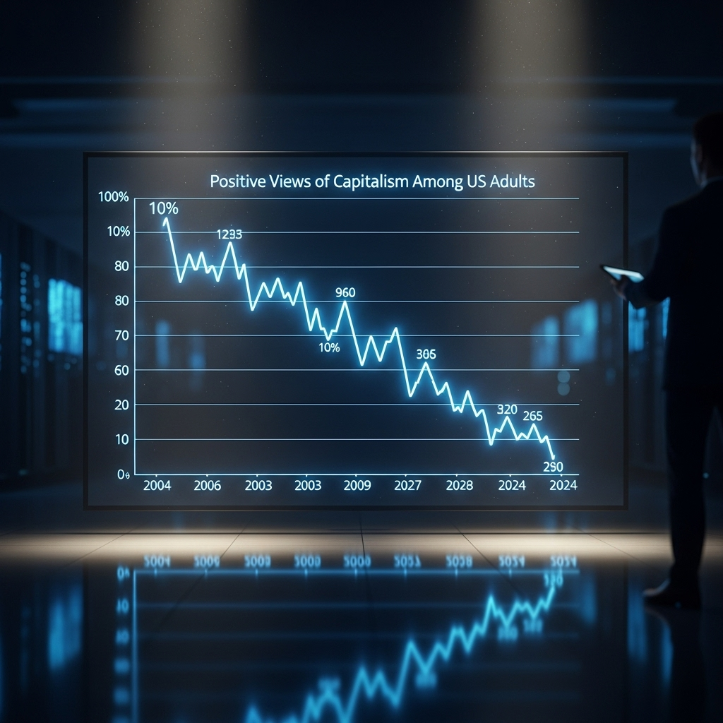 New Low: Under 50% of US Adults View Capitalism Positively 2 A downward trending line graph showing the new low in positive views of capitalism among US adults over the last 20 years.