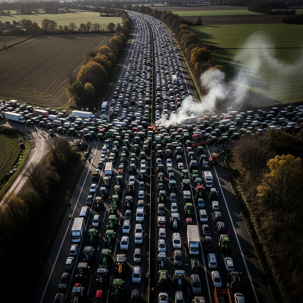 'block everything' protests: Hundreds arrested in France 2 A dramatic aerial view of the 'block everything' protests showing tractors and cars blocking a major French highway.