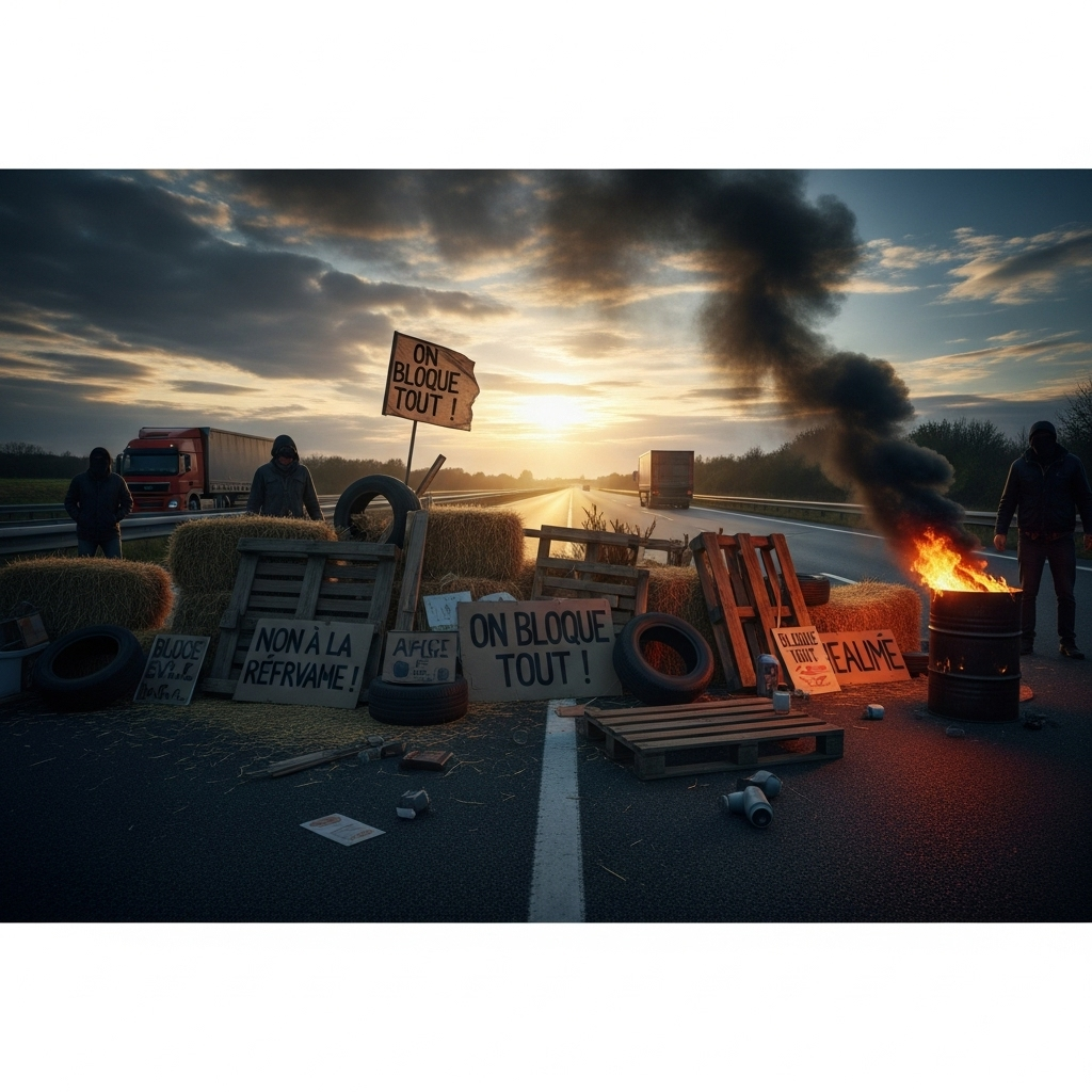 'Block everything' protests: Hundreds Arrested in France 2 A dramatic scene from the 'block everything' protests showing a barricade on a French highway.