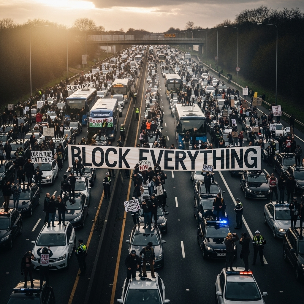 'block everything' protests: Hundreds arrested in France 2 A dramatic wide shot of the 'block everything' protests showing a highway clogged with vehicles and people.