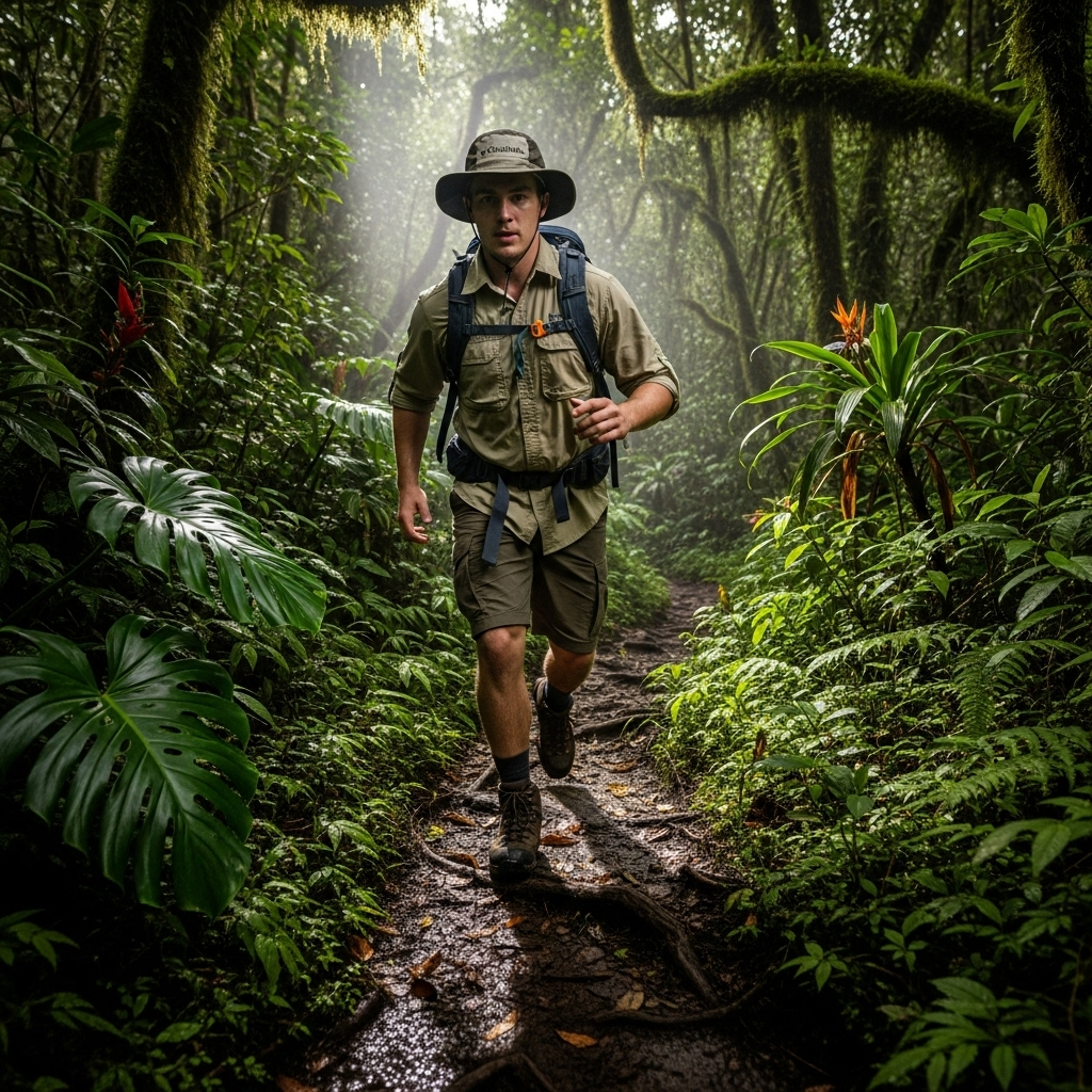Robert Irwin's 2024 Columbia Sportswear Ambassadorship 3 A dynamic shot of Robert Irwin wearing Columbia gear while navigating a rainforest trail.