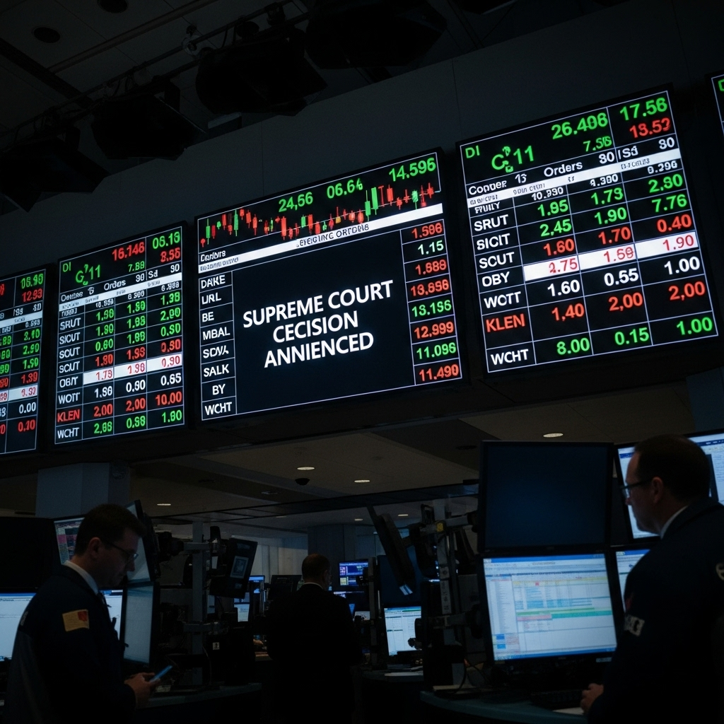 supreme court decision: 5 nations get trade exemptions 3 A dynamic stock market ticker board reacting to the news of the supreme court decision.