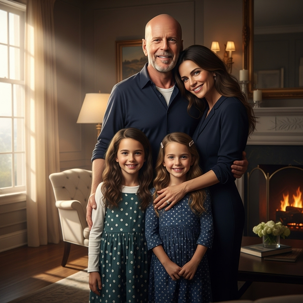 Bruce Willis: Wife's 1 Big Decision for Their 2 Daughters 2 A family photo of Bruce Willis with his wife Emma Heming Willis and their two daughters.