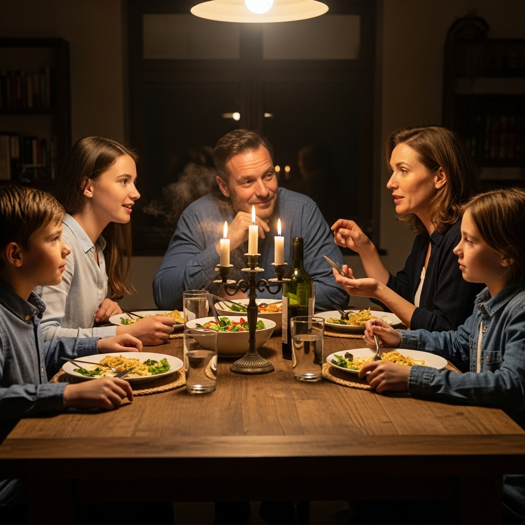 My children: 3 ways Charlie Kirk inspired our family. 2 A family sitting around a dinner table having an engaging discussion, a key moment for teaching my children critical thinking.