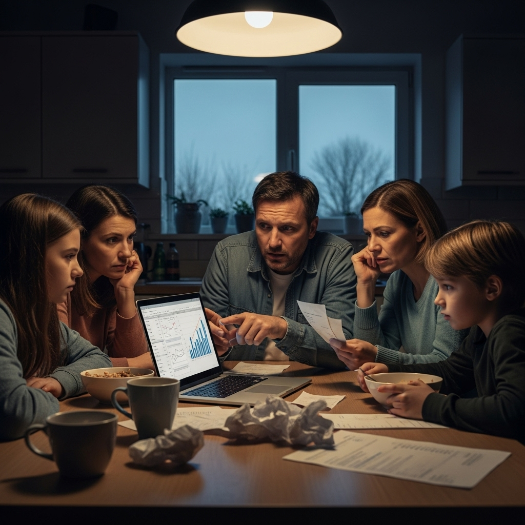 The Global Cost of Living Crisis: 7 Ways Families Cope 2 A family sitting at a kitchen table reviewing their finances on a laptop, a visual representation of The Global Cost of Living Crisis: How Families are Navigating Inflation and Economic Uncertainty.