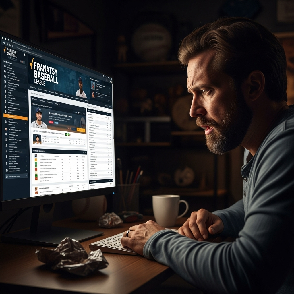 Closer Concerns: 2 Key Fantasy Baseball Updates on Cubs 4 A fantasy baseball manager looking at their computer screen with a worried expression, symbolizing the closer concerns felt by many.