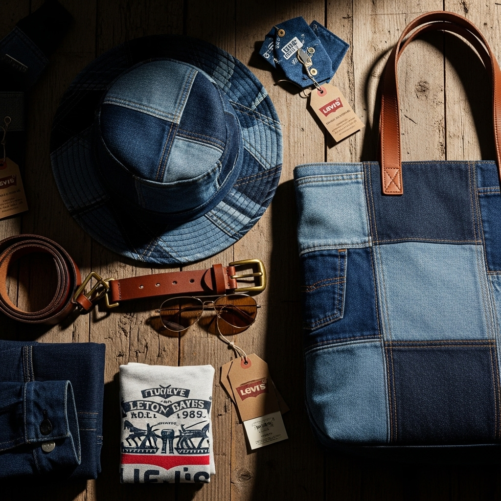 new levi’s collection: 8 Kiko Kostadinov Heritage Pieces 4 A flat lay of the accessories in the new levi’s collection, including the patchwork hat and tote.