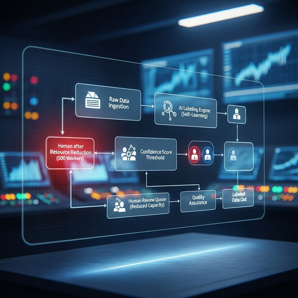 500 workers laid off by xAI from data annotation team 4 A flowchart diagram showing an automated AI data labeling process, illustrating the new strategy after letting 500 workers go.