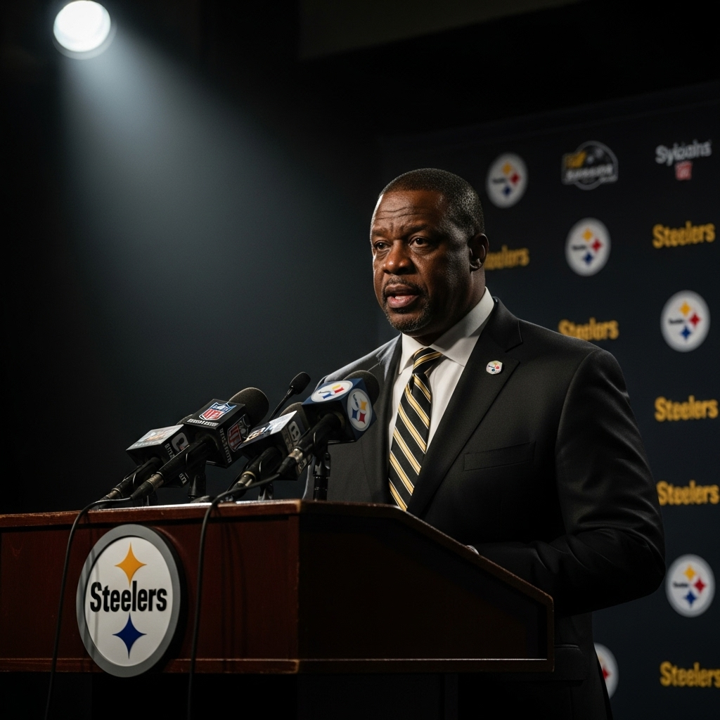 Steelers Kicker's 60-Yard Win Earns Bizarre Tomlin Label 3 A focused shot of Steelers Head Coach Mike Tomlin speaking at a press conference podium.