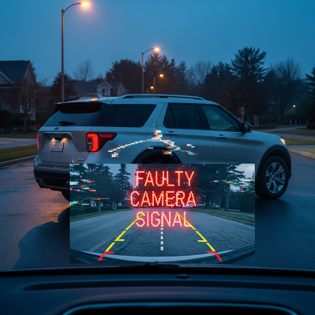 1.9M Vehicles Recalled by Ford Over Camera Defect Risk 2 A Ford Explorer with a graphic showing a faulty camera signal, part of the recall of 1.9m vehicles.