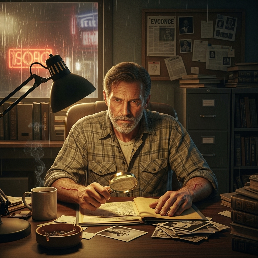 Former Police Officer: 3 Reasons Robbery Advice Fails 2 A former police officer reviewing a case file in a dimly lit office, showing his experience.