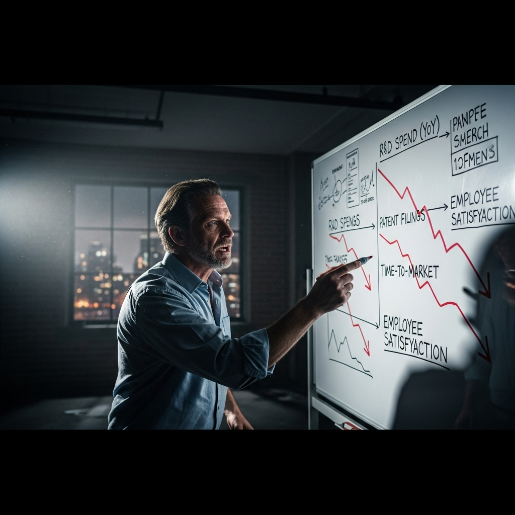 Former tech insider: 3 ways 'woke virus' damaged USA 2 A former tech insider points to a whiteboard showing declining innovation metrics.