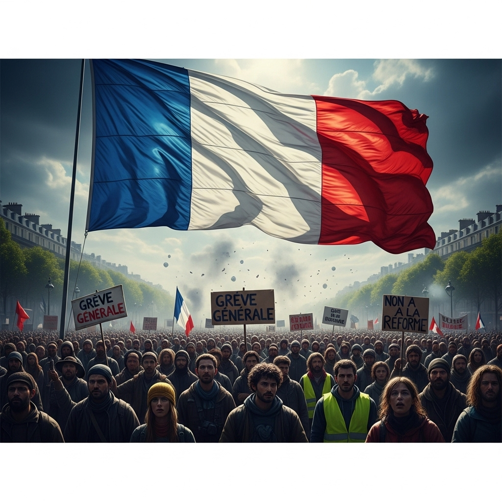 'block everything' protests: 100s arrested in France 4 A French flag waving over a crowd of people involved in the 'block everything' protests.