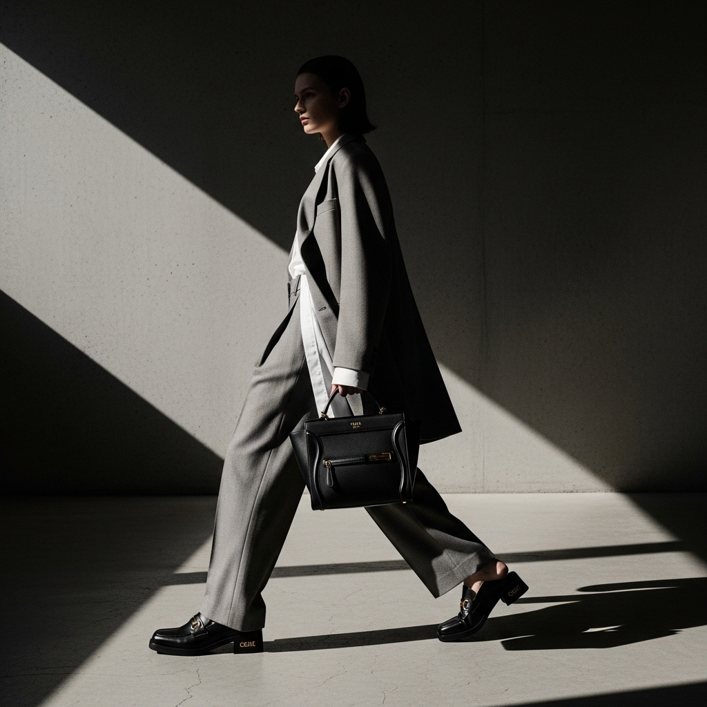 Celine Spring 2026: Scarves, Keepsakes & Top 5 Trends 4 A full look from the Celine spring 2026 collection, highlighting the new Conti bag and loafers.