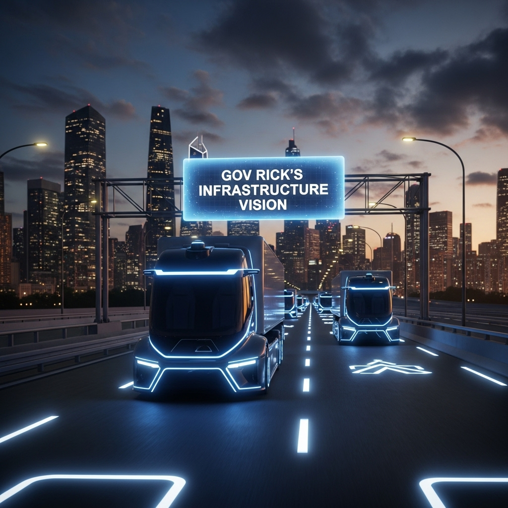 gov rick: 5 ways autonomous trucks drive prosperity 3 A futuristic autonomous truck on a highway, illustrating gov rick's infrastructure vision.