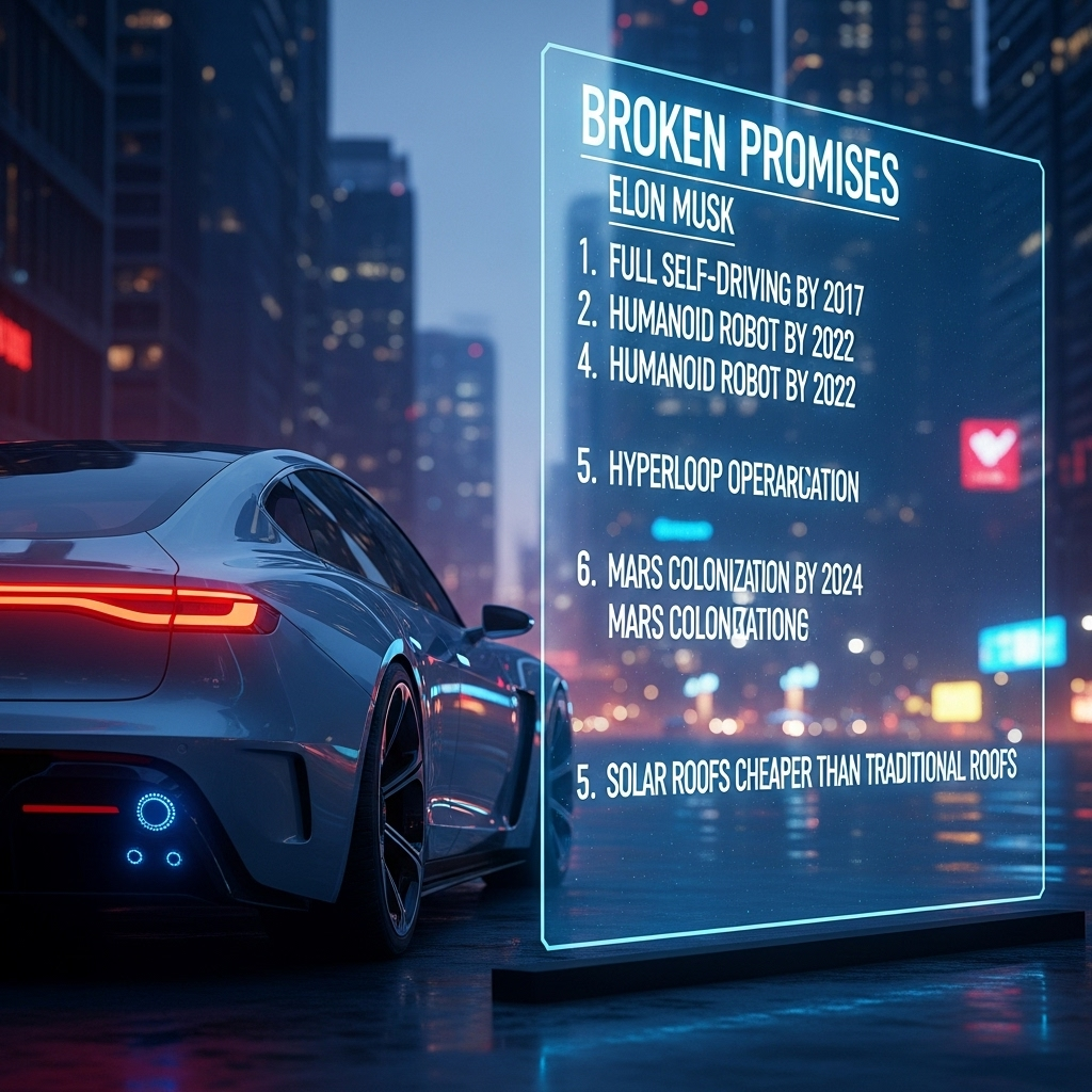 his own broken promises: 5 ways Musk's $1T pay fails 2 A futuristic graphic of a self-driving car next to a list of Elon Musk's own broken promises.