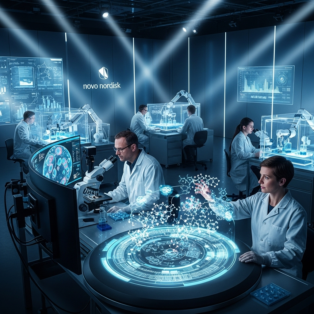 9,000 jobs cut: Ozempic-maker Novo Nordisk restructures 4 A futuristic laboratory setting, representing Novo Nordisk's future R&D focus after cutting 9,000 jobs in other areas.