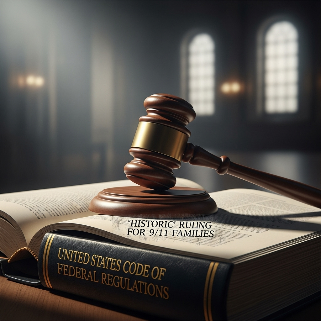 'Historic' ruling' Gives 9/11 Families New Legal Hope 4 A gavel on a law book, symbolizing the justice sought after the 'historic' ruling' for 9/11 families.