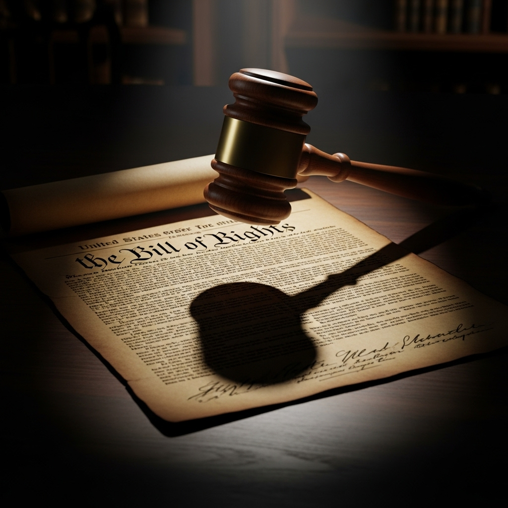 God-Given Rights: 3 Dangers in Kaine's Rejection 2 A gavel poised over a Bill of Rights, symbolizing the danger of government control over god-given rights.