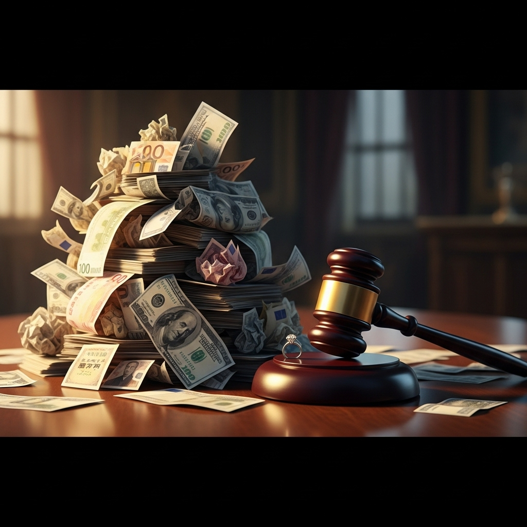 'extreme' conduct': 3 Shocking Claims in NFL Divorce 2 A gavel resting on a pile of money, symbolizing financial 'extreme' conduct' in a divorce.