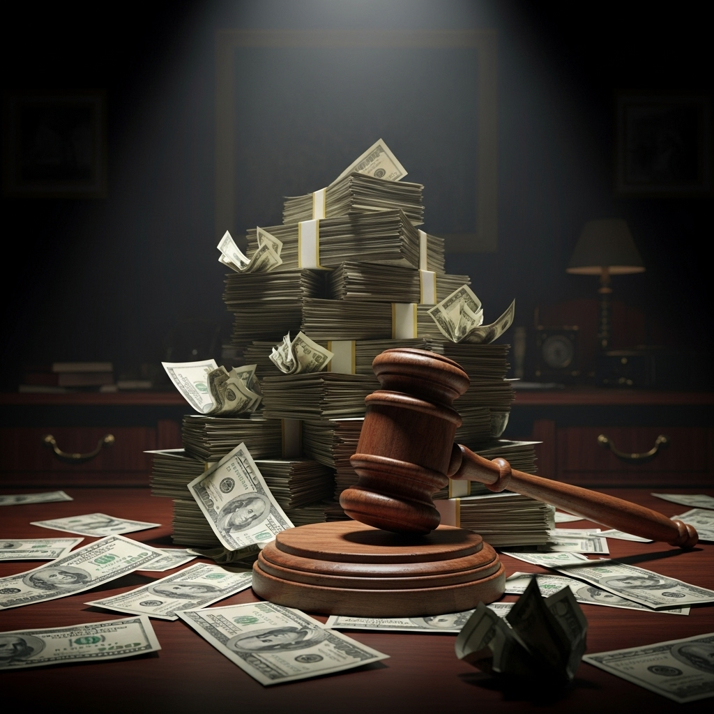'extreme' conduct': 3 Shocking Claims in NFL Divorce 2 A gavel resting on a pile of money, symbolizing the financial 'extreme' conduct' in the NFL divorce.