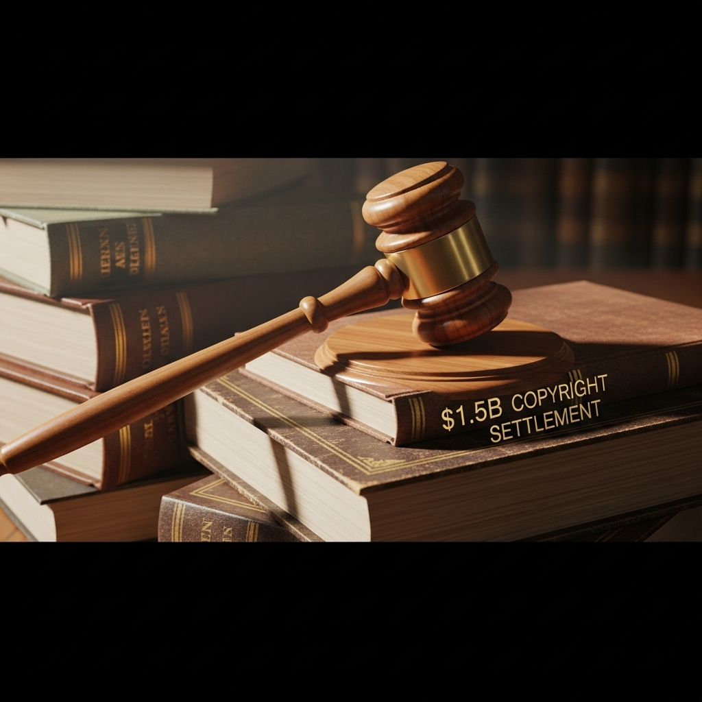 $1.5b copyright settlement: Why it's a Bad Deal for Writers 2 A gavel resting on a stack of books, symbolizing the $1.5b copyright settlement.