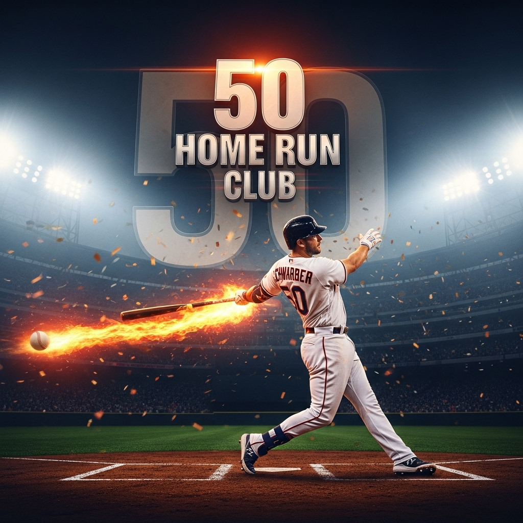 his 50th hr: Kyle Schwarber Enters the Exclusive 50 Club 3 A graphic celebrating Kyle Schwarber joining the 50 home run club after his 50th hr.