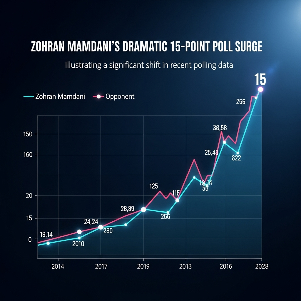 Poll surge: Mamdani up 15 points, gets Hochul's nod 2 A graphic chart illustrating Zohran Mamdani's dramatic 15-point poll surge over his opponent.