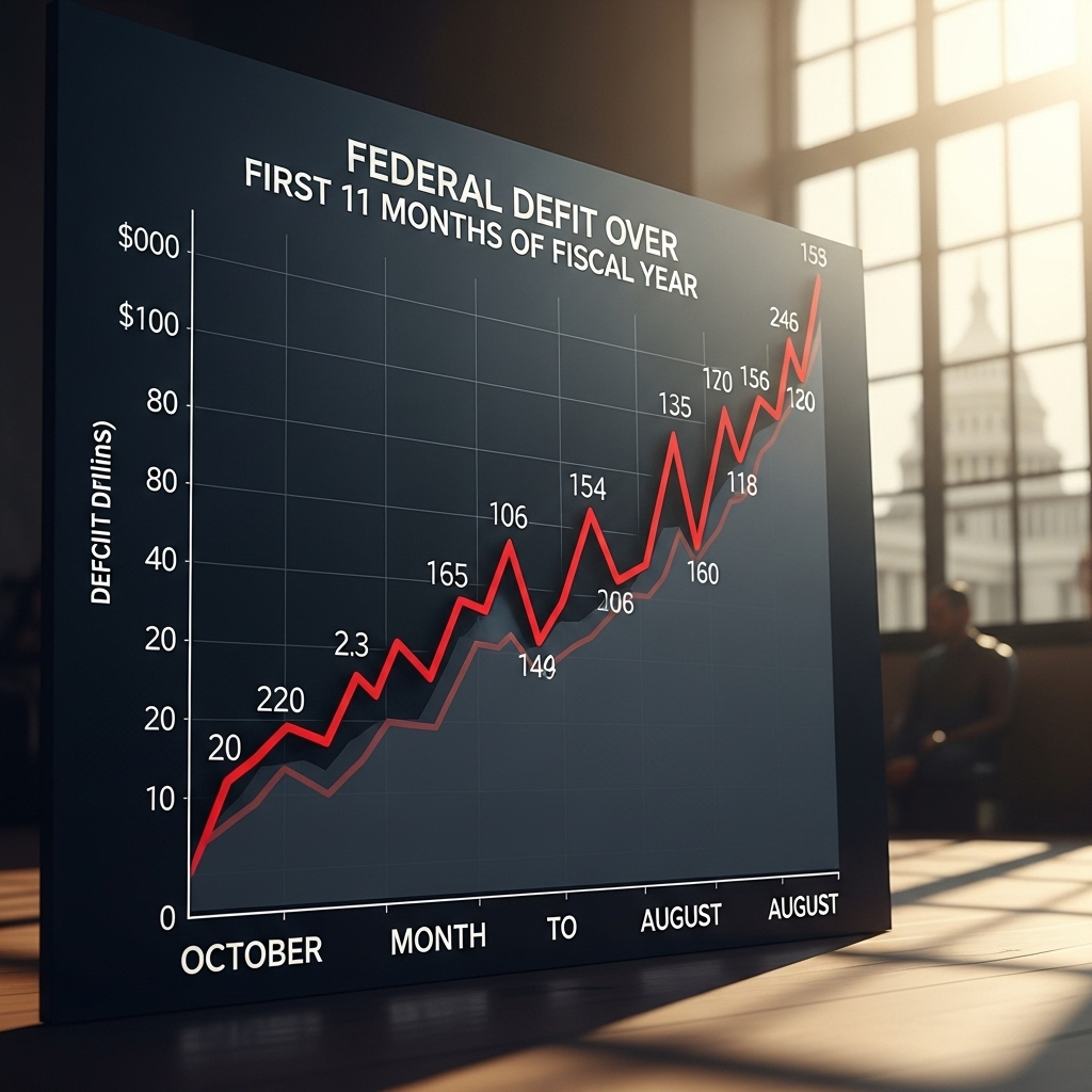 first 11 months: Federal Deficit Hits $2 Trillion CBO Says 2 A graphic chart showing the rising federal deficit over the first 11 months of the fiscal year.