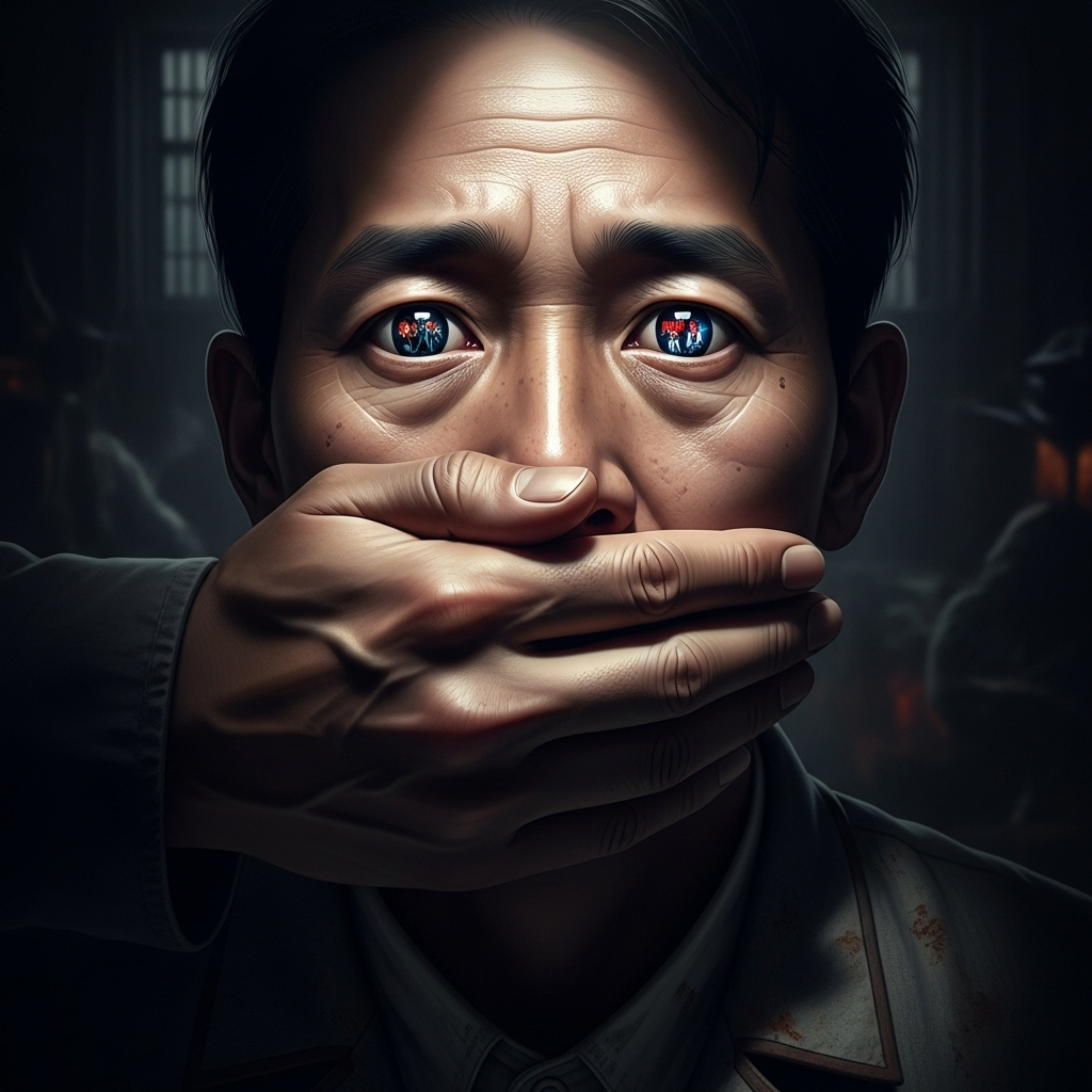 Foreign Films Lead to 7+ Executions in North Korea: UN 3 A graphic depicting a North Korean citizen being silenced, with scenes from popular foreign films reflected in their eyes.