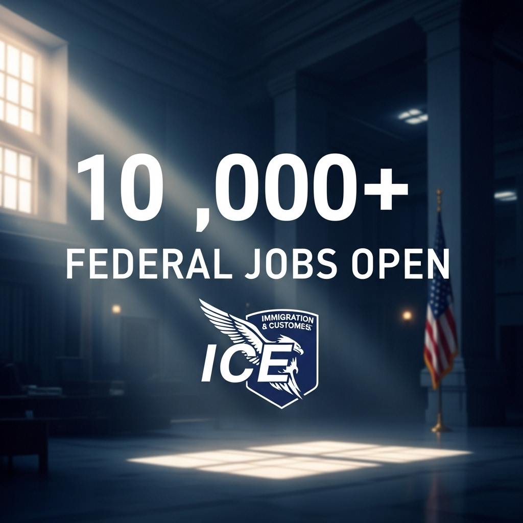 Eye-popping number: 10,000+ ICE jobs open with new benefits 2 A graphic displaying the text '10,000+ Federal Jobs Open' with the ICE logo.