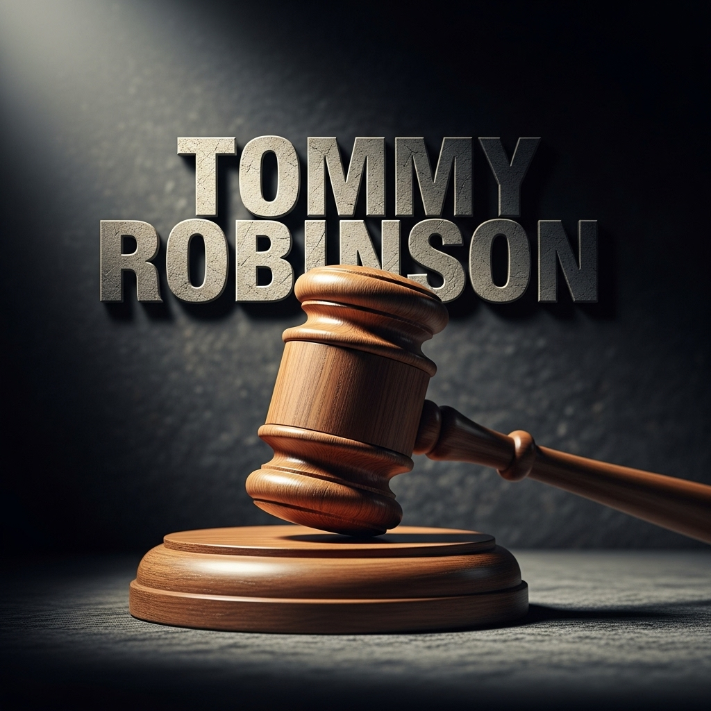 Tommy Robinson: 5 Reasons For His Past Jail Sentences 4 A graphic featuring a gavel and the name Tommy Robinson.