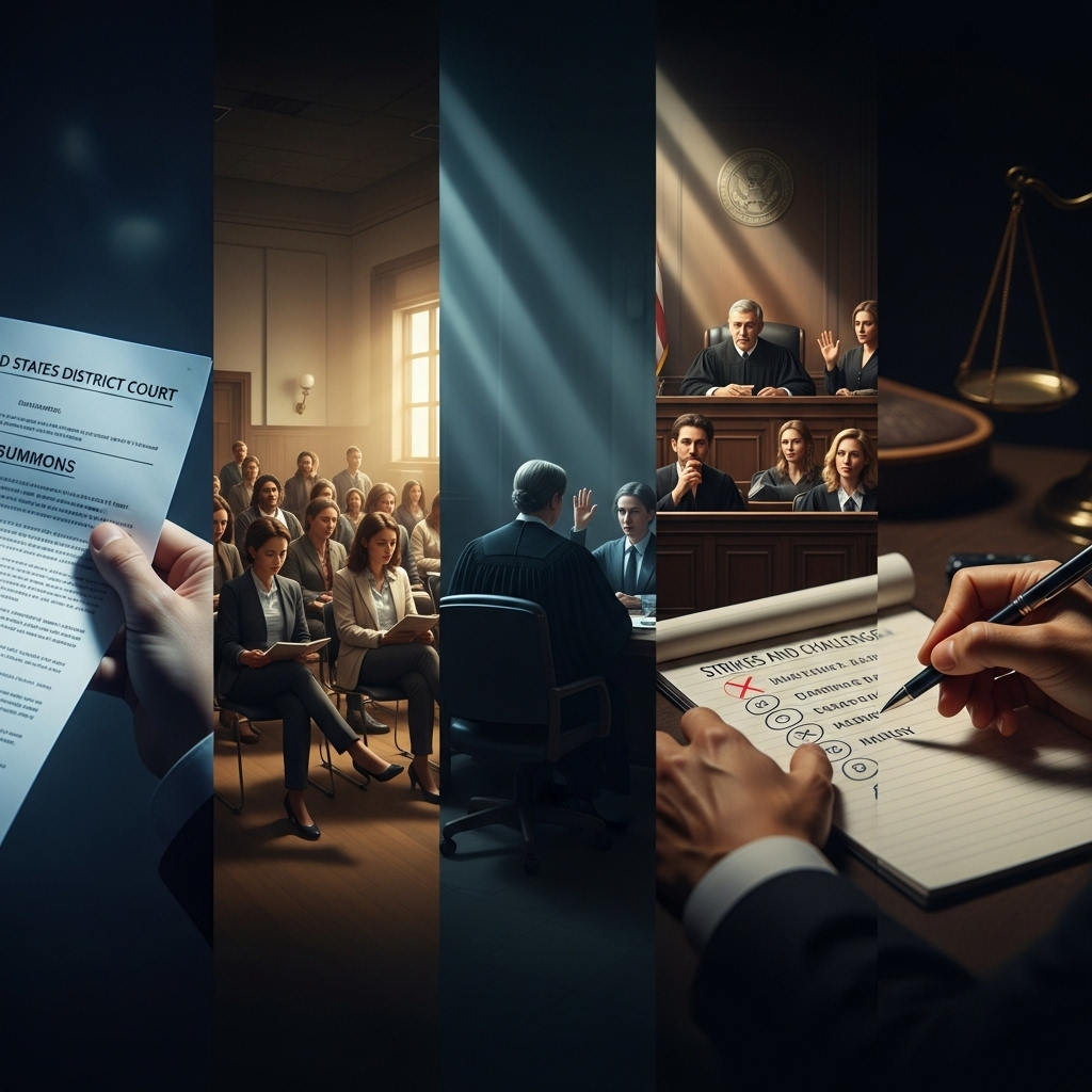 Jury Selection Day 2: Trump Assassination Attempt Case 4 A graphic illustrating the steps of federal jury selection, from summons to final empanelment.