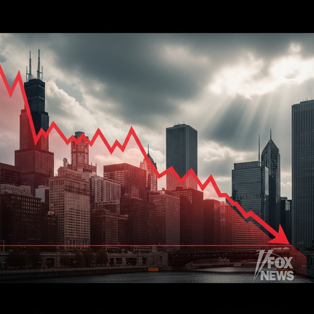 Fox News Opinion: 3 Takes on Chicago, Taylor & Travis 4 A graphic showing a downward trending economic chart over the Chicago skyline, a visual for a fox news opinion piece.