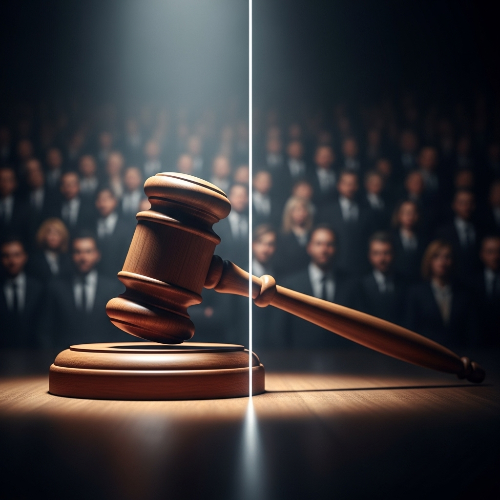 a graphic showing a gavel separated from a crowd illustrating the public s disconnect from the judicial system 0