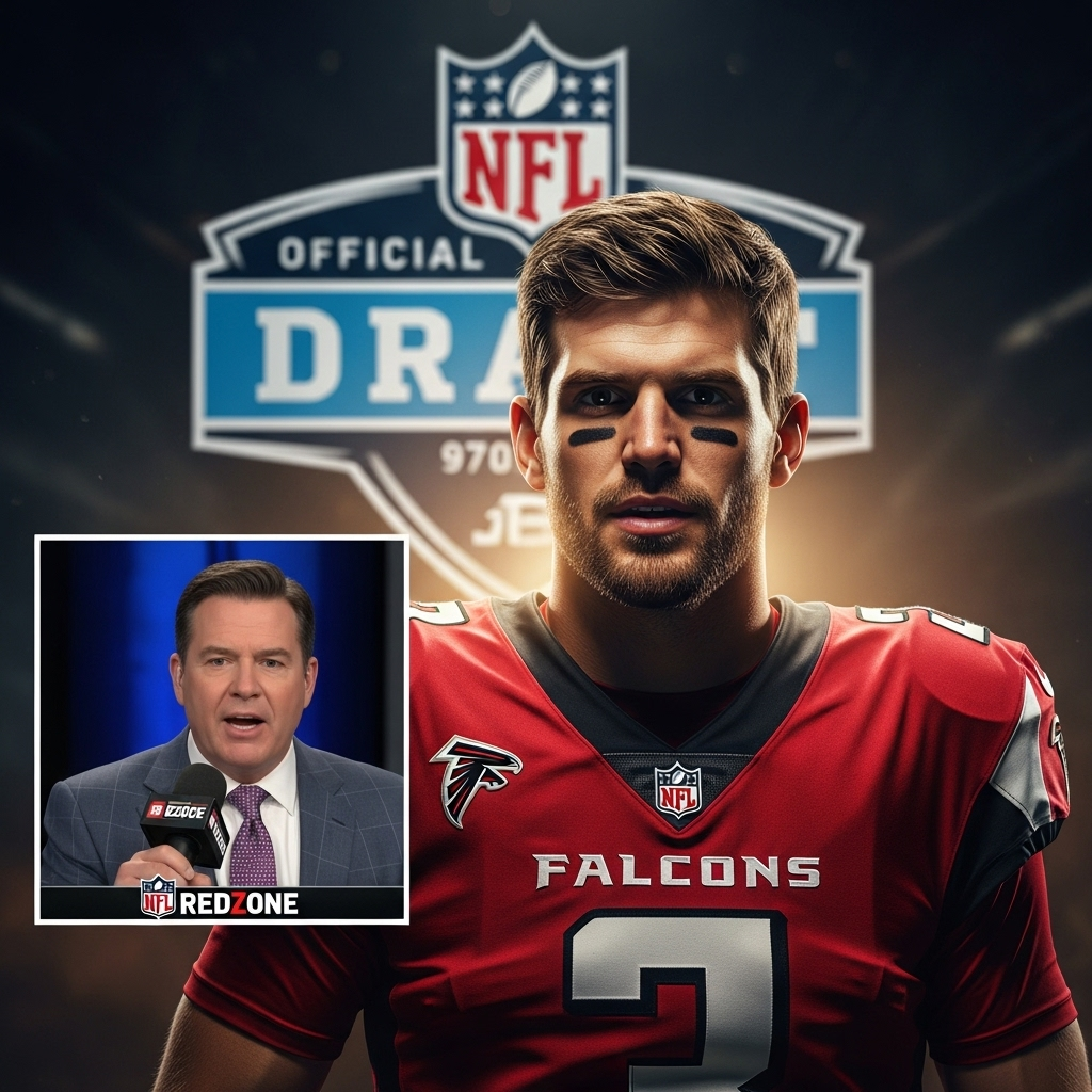 'NFL RedZone' host' makes 1 plea after Kirk 'assassination' 2 A graphic showing Kirk Cousins in a Falcons jersey with a backdrop of the NFL draft logo, while the 'NFL RedZone' host Scott Hanson is shown in a small inset picture.